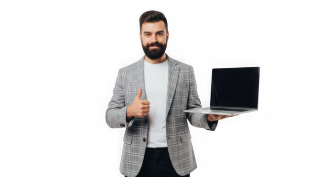 Professional man with laptop and notes ready for business presentation or meeting transparent background