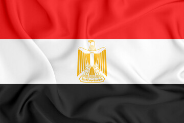 flag of the Arab Republic of Egypt with three horizontal stripes and the coat of arms in the middle on satin fabric with folds and shadows © Less Nick