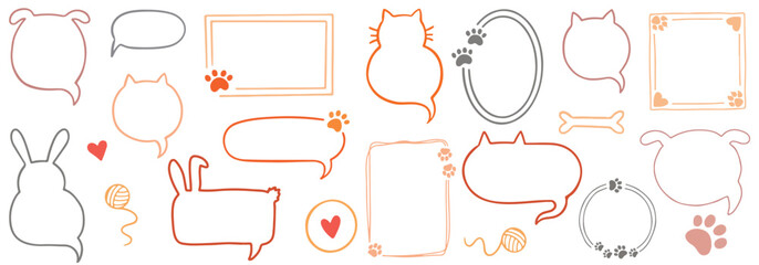 Cat dog pet frame, speech bubble cute set. Hand drawn sketch doodle line style animal pet frame design. Cat, dog paw cute talk speech bubble design. Puppy round footprint badge. Vector stock illustrat © hasitha