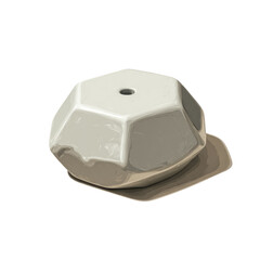 Off-white, hexagonal, sculpted object, possibly ceramic or stone, with a small hole and a base of light brown