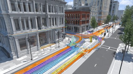 Urban street design with colorful data flow