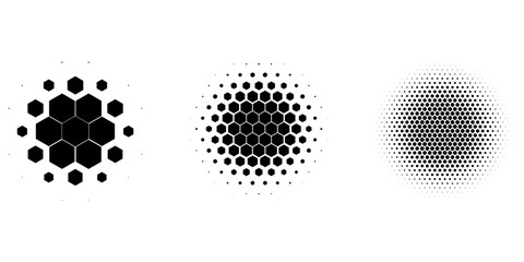 Set of dotted abstract shapes. Hexagonal halftone pattern. Half tone design elements in geometric tech style for logo, banner, web page, print, poster, business cards and template. Vector