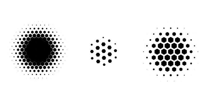 Set of dotted abstract shapes. Hexagonal halftone pattern. Half tone design elements in geometric tech style for logo, banner, web page, print, poster, business cards and template. Vector