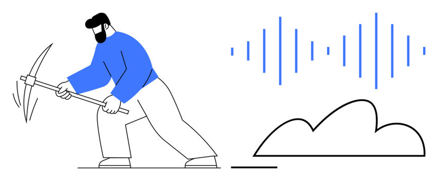 Modern miner striking cloud with pickaxe beneath soundwave pattern. Ideal for data mining, cloud storage, digital transformation, innovation, technology, analytics, flat simple metaphor