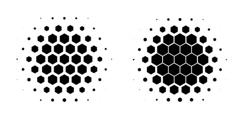 Set of dotted abstract shapes. Hexagonal halftone pattern. Half tone design elements in geometric tech style for logo, banner, web page, print, poster, business cards and template. Vector