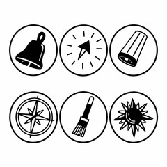 Collection of hand drawn icons isolated on white background featuring navigation tools and art supplies