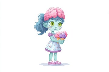 Obraz premium A pastel colored zombie is illustrated holding ice cream cones with bright and sweet dessert tones.