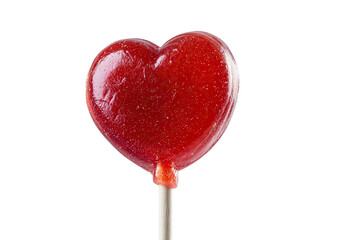 A vibrant, heart-shaped, red lollipop, against a black background, with a smooth, glossy surface and a stick