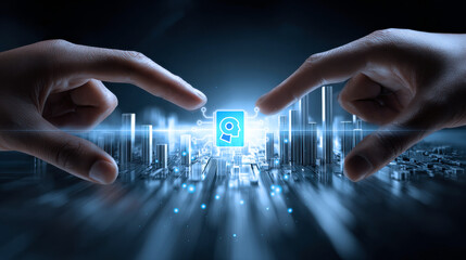 Two hands interacting with AI interface over futuristic smart city background, representing artificial intelligence integration, digital innovation, future technology, and intelligent system developme