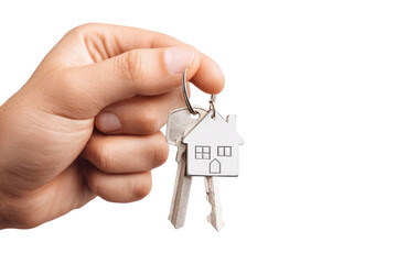Hand holding house-shaped keychain with keys