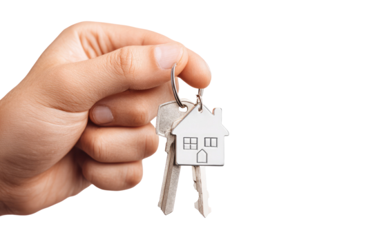 Hand holding house-shaped keychain with keys