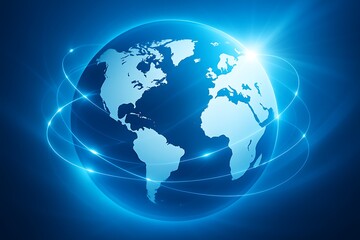 Futuristic digital world map globe with glowing blue lines representing global connectivity cyber communication artificial intelligence technology modern innovation 