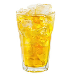 Refreshing yellow beverage with ice cubes, bubbles, and condensation