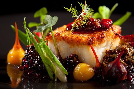 Luxury fine dining dish artistic plating modern Michelin star restaurant