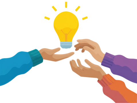 Three hands hold a lightbulb, symbolizing teamwork and ideas
