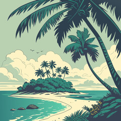 A serene tropical island with palm trees and a tranquil turquoise sea