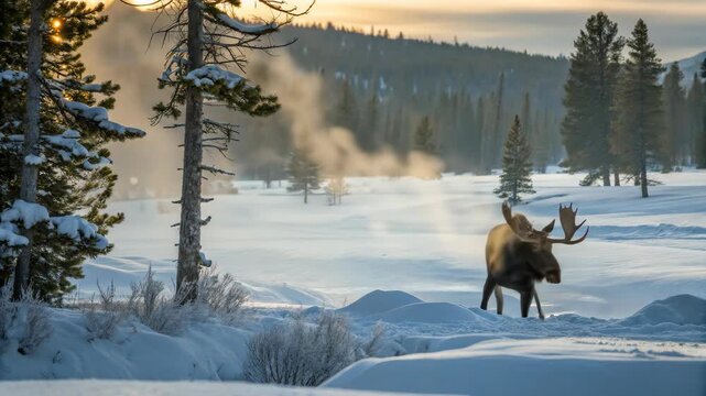 A massive moose standing in deep snow within a pine forest, steam visible from its breath in cold air, soft winter sunlight illuminating its antlers, ultra HD nature scene.