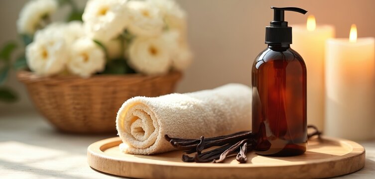 Indulge in spa ritual with vanilla bean infused toiletries. Scene features rolled towel, amber bottle of lotion, vanilla pods, creating warm, aromatic, relaxing ambiance. Perfect for promoting