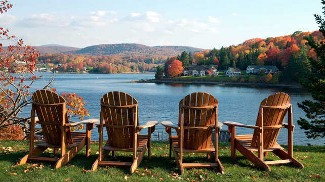 Four Adirondack chairs invite relaxation overlooking a vibrant autumn lake and colorful foliage landscape.