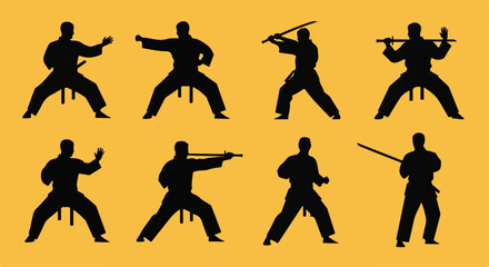 Obraz premium Set of black martial artist silhouettes in various dynamic fighting poses and stances with a bo staff.