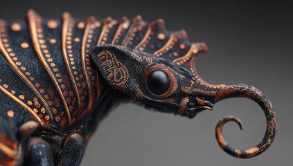 Ornate, dark insect with gold accents and a curled proboscis