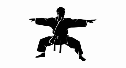 Silhouette of a martial artist in a wide stance, performing a karate pose.