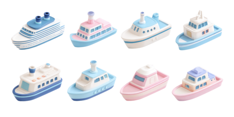 Cute, stylized ships in pastel colors.  Various types, from cruise ships to smaller vessels.  Simple, cartoonish, 3D look