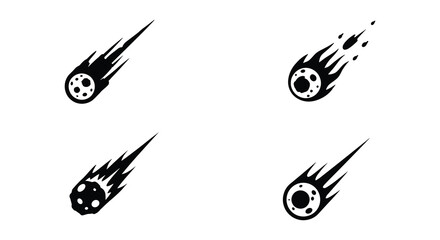Four black and white comet icons with flames and stars in different orientations