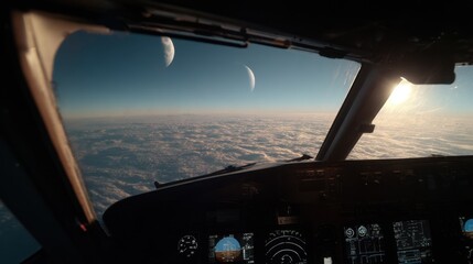 Naklejka premium Medium shot through cockpit window showing keyflight instruments of electric ambulance aircraft moon crater shadows and surface textures softly blurred outside.