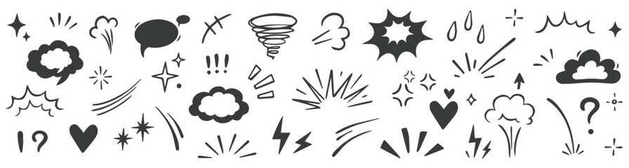 Comic cartoon effect smoke, boom element set. Comic speech bubble, boom burst, explosive smoke, line speed cartoon vector icon. Hand drawn sketch doodle speed element, splash. Vector stock  © hasitha