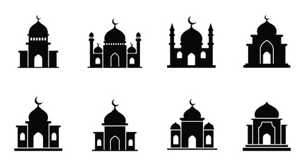 Eight black silhouettes of mosques with domes and minarets on white background