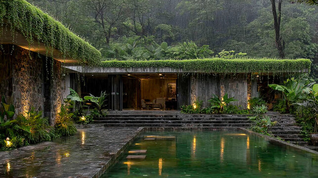 Luxusvilla im Tropenstil: Sichtbeton und Naturstein mit viel Glas, &uuml;ppige Bepflanzung, H&auml;ngegr&uuml;n und Naturpool mit Wasserfall. Abendliche Beleuchtung, ruhige Resort-Atmosph&auml;re &ndash; modernes biophiles Des