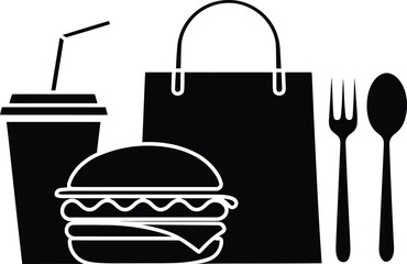 Black silhouette of fast food meal with drink and shopping bag