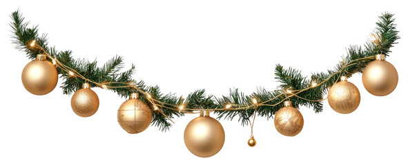 Golden Christmas garland with hanging ornaments isolated on white background christmas accessories chandelier.