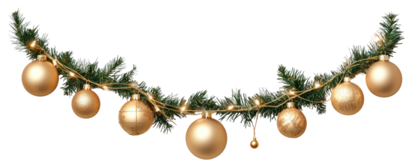 Golden Christmas garland with hanging ornaments isolated on white background christmas accessories chandelier.