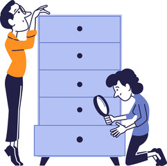 Two people look for a missing item at home, inspecting drawers with a magnifying glass. Concept of search, investigation, and organizing belongings.