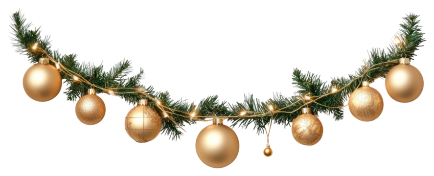 Golden Christmas garland with hanging ornaments isolated on white background christmas accessories chandelier.