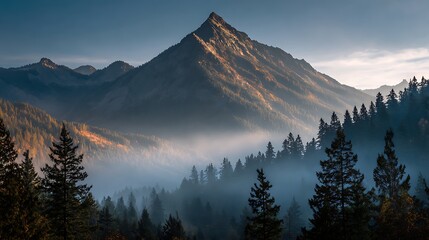Obraz premium Grayscale Mountain Landscape with Fog and Sunrise 
