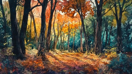 Fototapeta premium beautiful forest with autumn colors, made with watercolor generative ai