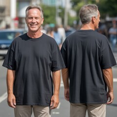 Men basic shirt mockup, both sides. Middle aged man in oversized short sleeve shirt, standing in city street. Elder male model in casual crewneck tee, front and back view. Men basic black shirt