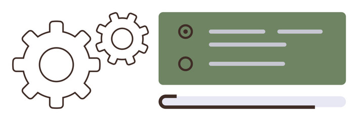 Gears represent operations and task execution alongside a checklist for planning or organization. Ideal for productivity, teamwork, project management, workflows, optimization, efficiency, simple