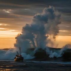 dramatic photo of a colossal rogue wave, impossibly tall like a skyscraper, about to crash over a tiny fishing boat