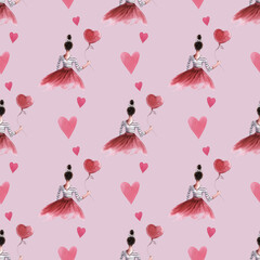 Seamless watercolor pattern featuring a woman in a red skirt and striped blouse with a red heart shaped balloon on a pink background in the style of french romanticism for valentines day