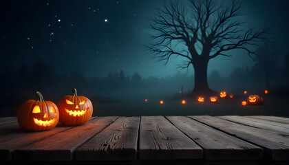 Spooky Halloween Landscape with Glowing Pumpkins and Dark Tree