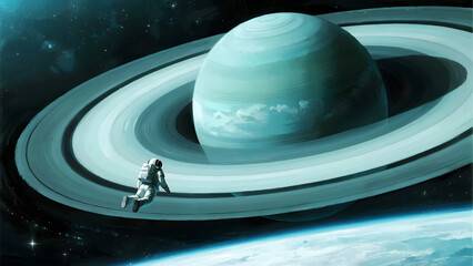 a tiny astronaut floating in space, looking at the immense ring system of a gas giant planet that dominates the view