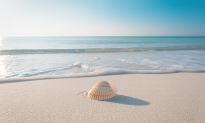 Seashell on white sand beach, ocean waves gently washing shore under bright sky