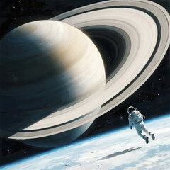 a tiny astronaut floating in space, looking at the immense ring system of a gas giant planet that dominates the view