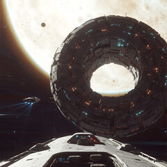 a Dyson sphere structure built around a star, view from a small spaceship approaching it,