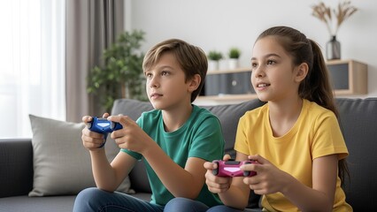 Happy children playing video games at home on sofa enjoying digital entertainment fun