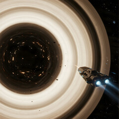a supermassive black hole's accretion disk, a tiny futuristic probe ship nearby for scale